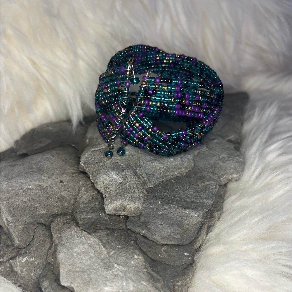 Purple, teal, black, gold seed bead cuff bracelet